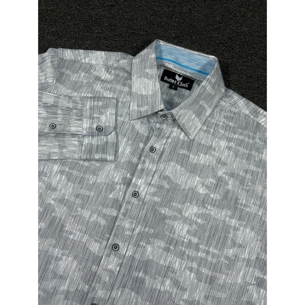 Butter Cloth Shirt Men's Large White Gray Button Up Geometric Camo‎ Performance